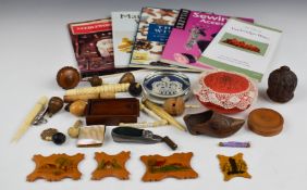Collection of sewing, needlework and embroidery related items including bone finishing tools,