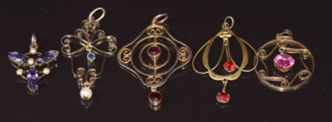 Five 9ct gold Edwardian pendants set with garnets, sapphire and pearl, amethyst and seed pearls