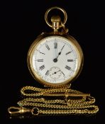 Swiss 18ct gold keyless winding open faced pocket watch with inset subsidiary seconds dial, blued