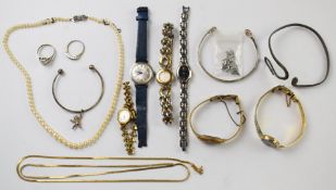 A collection of jewellery and watches including cultured pearl necklace, snake bangle, Bucherer