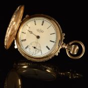 Unnamed 14ct gold keyless winding full hunter pocket watch with inset subsidiary seconds dial, blued