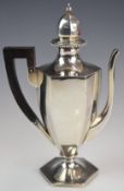 Birks American silver novelty bachelor's coffee or chocolate pot with hexagonal body, marked to base