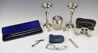 Hallmarked silver items comprising pair of spill vases, silver lidded cut glass hair tidy,