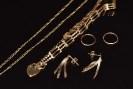 A 9ct gold gate bracelet, two pairs of 9ct gold earrings and a 9ct gold chain, 5.1g