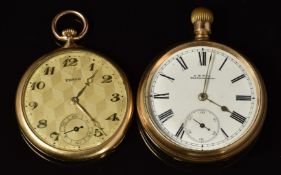 Two gold plated keyless winding open faced pocket watches, one Waltham with gold hands, Roman