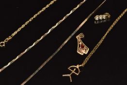 A collection of 9ct gold jewellery comprising chain and intaglio charm / pendant, tri-coloured