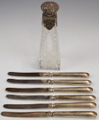 Hallmarked silver mounted cut glass scent bottle with stopper and hinged lid, together with six