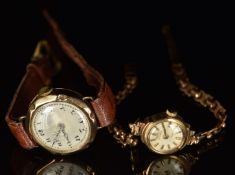 Two 9ct gold ladies wristwatches comprising a Dax Art Deco example on brown leather strap and a