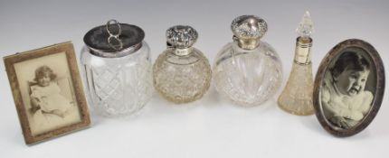 Hallmarked silver mounted items comprising Victorian lidded condiment pot with loop handle, London