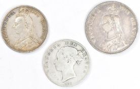 1889 Queen Victoria double florin together with an 1887 half crown and an 1886 young head half