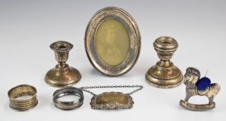 Hallmarked silver items comprising modern novelty rocking horse pin cushion, height 6.5cm,