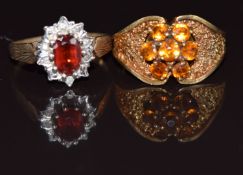 Two 9ct gold rings, one set with a cluster of citrines and with textured shoulders and the other