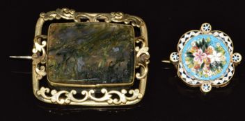 Victorian pinchbeck brooch set with moss agate and a micro mosaic brooch