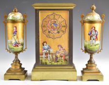 19thC French gilt clock garniture with porcelain panels of hand decorated seventeenth century