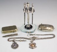 Art Deco hallmarked silver dressing table stand and tools, hallmarked silver watch chain and fobs,