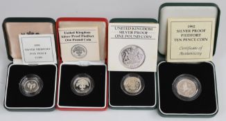Four Royal Mint piedfort silver proof coins comprising 1983 £1, 1987 £1, 1990 5p and 1992 10p, all