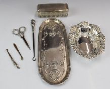 George V hallmarked silver dressing table tray with neoclassical floral swag decoration,