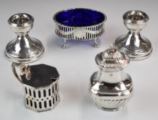 Hallmarked silver condiments comprising open salt with blue glass liner, Sheffield 1918, maker's
