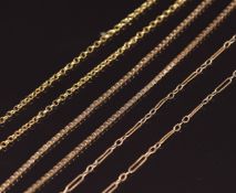 A 9ct gold necklace made up of square links and two 9ct gold necklaces / chains, 9.2g