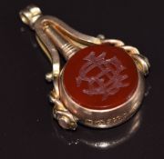 A late Victorian 9ct gold watch key set with bloodstone and carved carnelian agate, Birmingham 1896,