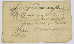 Gloucester Old Bank 1813 provincial Georgian one pound banknote, serial number 2722, for Charles