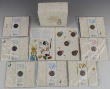 Twelve Royal Mint Beatrix Potter 50p coins, comprising two sets of five, (one set brilliant