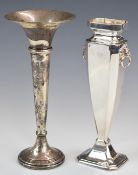 Two hallmarked silver trumpet vases, one with lion mask handles, Chester 1936, the other