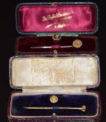 Two Victorian 15ct gold studs set with a diamond and stick pins, in antique box