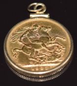 A 1927 gold full sovereign with South Africa Mint mark, in 9ct gold pendant mount, 9.2g