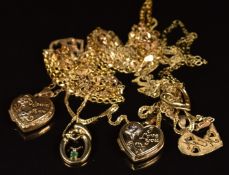 Six 9ct gold pendants including two lockets, two 'mum', heart, mother and child set with an