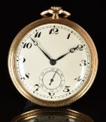 Art Deco 9ct gold keyless winding open faced pocket watch with inset subsidiary seconds dial,