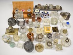 Collection of inkwells and desk stands including glass horseshoe, ceramic Imari, pewter etc