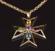 An 18ct gold pendant set with amethyst, garnet, citrine, peridot and topaz, on 9ct gold chain, 7.4g