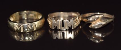 Three 9ct gold rings, two 'MUM' (both size L) and one in the form of two dolphins, 6.2g, size H