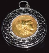 Lalaouni Greek designer silver pendant set with an 18k gold cameo depicting a solider, 9.5g