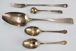 Georgian and later hallmarked silver cutlery including a table spoon, pickle fork and a salt