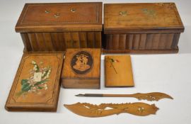 A collection of olive and fruitwood boxes including mirror backed box, lined 'Souvenir of Italy'