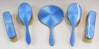 Art Deco hallmarked silver and blue guilloché enamel dressing table set comprising hand mirror and