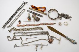 Three micro mosaic brooches, silver bangle, silver fob chain, amber bracelet, pearl stick pin, etc