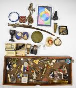 Collection of bijouterie and collectibles including large carved walnut shell with building