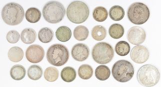 A collection of small silver coins George IV onwards, includes shillings, sixpences, threepences