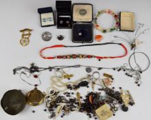 A collection of jewellery including single jet earrings, Danish silver brooch, Victorian stick pins,