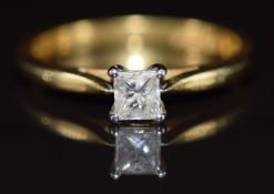 An 18ct gold ring set with a princess cut diamond of approximately 0.35ct, with certificate