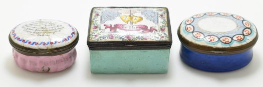 Three 18th/19thC Bilston enamel and similar boxes including a marriage box with P&A initials