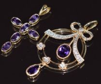 Two 9ct gold pendants, one in the form of a cross set with amethysts and the other diamonds and