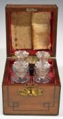 19thC travelling perfume box, the inlaid mahogany case opening to reveal a fitted interior housing