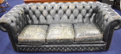 Chesterfield three seater sofa in green leather, length 202cm