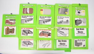 Fourteen Metcalfe 00.H0 gauge ready cut card modelling kits to include Parish Church, Terraced House