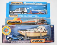 Two Matchbox diecast model vehicle sets comprising Rancho Rescue Set K104 and Mercedes Benz Power