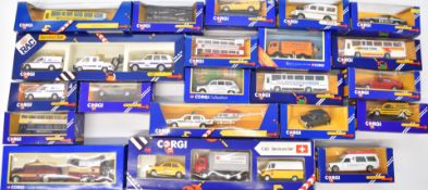 Twenty-one Corgi diecast model cars and buses including Escort Van C537, National Express Coach 769,